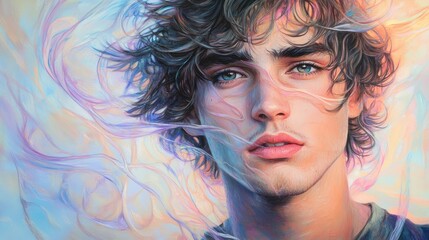 Poster - Close-up Portrait of a Young Man with Wavy Hair and Blue Eyes in a Painted Style