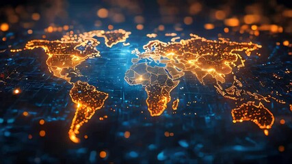 Poster - A digital world map glowing with connected networks, representing global data exchange