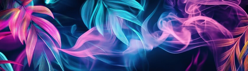 Poster - Neon Smoke and Tropical Leaf Abstract