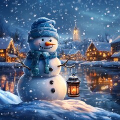 Sticker - A cheerful snowman stands by a snowy village, illuminated by a lantern in a winter scene.