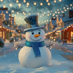 Sticker - A cheerful snowman stands in a festive, snow-covered street adorned with twinkling lights.