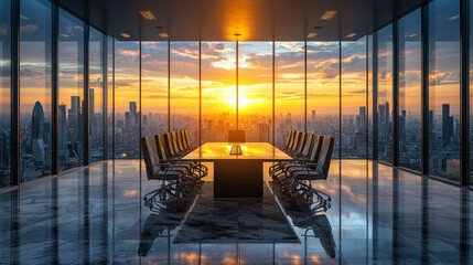 Poster - A boardroom overlooking a city skyline at sunset.