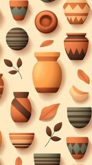 Wall Mural - Seamless Pattern with Clay Pots and Leaves