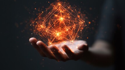 Poster - A hand holding a glowing geometric shape, with multiple lines radiating outward to abstract figures, the control and coordination of stakeholders in decision-making