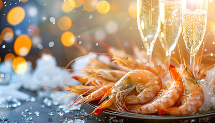 Wall Mural - glass of champagne and shrimp on a Christmas tree background. festive atmosphere