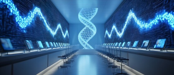 3D visualization of intricate DNA molecular structures displayed on digital screens in a modern high tech biotech research facility showcasing advancements in genetic science biotechnology