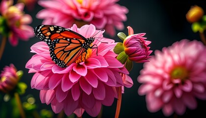 Monarch butterflies resting on vibrant pink dahlias against a sleek black background, showcasing the beauty of nature and wildlife with Apricot Crush hues