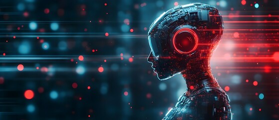 Aufkleber - Futuristic visualization of robotic sensors and data processing algorithms in a dark moody studio setting with glowing neon lights  Concept of advanced intelligence and digital engineering