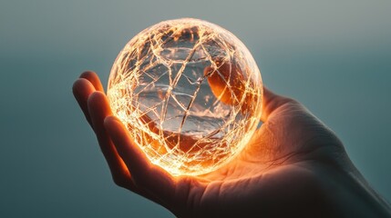 Poster - A hand holding a shattered glass sphere, with the cracks glowing and starting to reform, the process of fixing and managing crises to restore stability