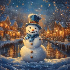 Poster - A cheerful snowman stands in a snowy village, illuminated by festive lights.