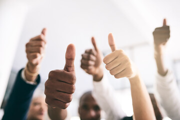 Aufkleber - Group, thumbs up and business people closeup for support, success or celebration for goal in office. Teamwork, hands together and like gesture for excellence, good job and thank you for cooperation
