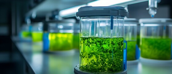 Innovative biotechnology laboratory equipped with bioreactors cultivating genetically modified organisms for various applications such as biofuel production renewable chemical synthesis