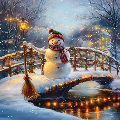 Sticker - A cheerful snowman stands on a snowy bridge, surrounded by festive decorations and lights.