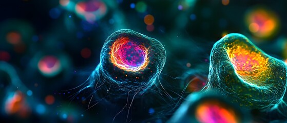Poster - Vibrant Bioengineered Cells Glowing in a Microscopic Breakthrough   Innovative Biotech Research Showcases Colorful Cellular Structures Under a Microscope