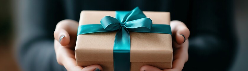 Close-up of hands holding a beautifully wrapped gift box with a teal ribbon, perfect for celebrations and special occasions.