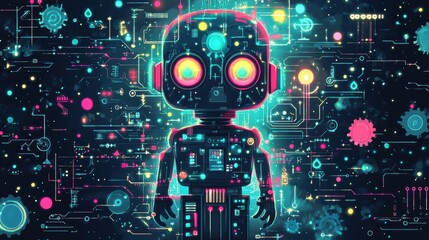 Wall Mural - Bright and Charming Smart Robot Solving Puzzle with Gears - Dynamic Flat Illustration with Neon Green, Cobalt Blue, and Pink Tones