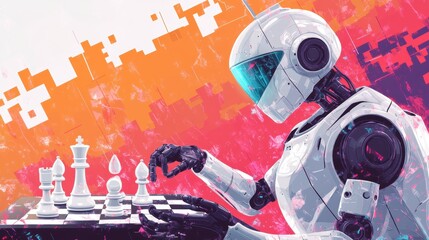 Wall Mural - Robotic Chess Duel: Playful Smart Robot in Dynamic Flat Illustration Style with Bright Colors and Charming Graphics