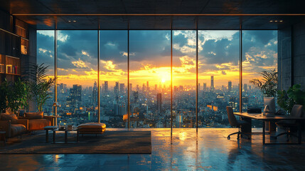 Poster - Office with a view of the city skyline during a sunset.