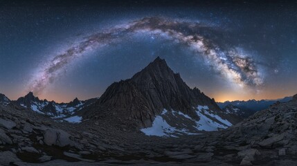 Wall Mural - A stunning panoramic view of the Milky Way arching over a rugged mountain landscape.