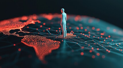 Poster - A human figure standing on a globe, surrounded by data points, charts, and network lines connecting different countries, global market research and analysis