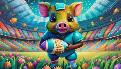 oil painting style cartoon character illustration multicolored baby pig American rugby football player, in blue uniform