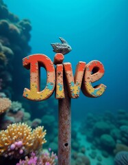 Wall Mural - Vibrant Dive sign against stunning coral reef backdrop