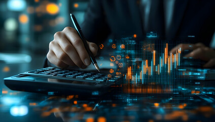 Poster - Close-up of a businessman using a calculator, with digital data analysis visuals showcasing financial growth and trends.