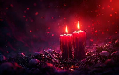 Dark and atmospheric scene featuring two red candles surrounded by eerie skulls and mystical fog.