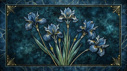 Stone painting of irises, decorative style, floral composition on a dark blue background