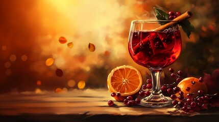 Glass of mulled wine with orange slices and cinnamon stick on wooden table with bokeh background