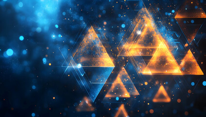 Poster - Vibrant abstract background featuring illuminated triangles with glowing edges, set against a deep blue backdrop of sparkles.