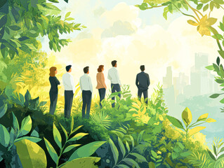 Canvas Print - A group of people are standing in a lush green forest, looking out over a city