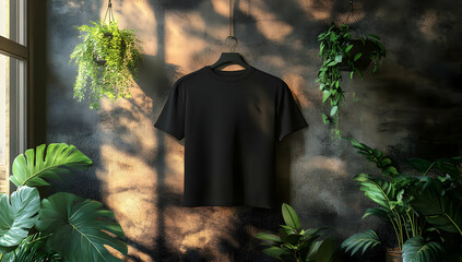 Stylish black t-shirt hanging against a textured wall, surrounded by lush greenery, ideal for fashion or lifestyle themes.