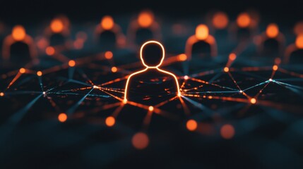 Poster - A leader at the front of a group, surrounded by glowing lines connecting to each person, illustrating the interconnectedness of leadership and team development