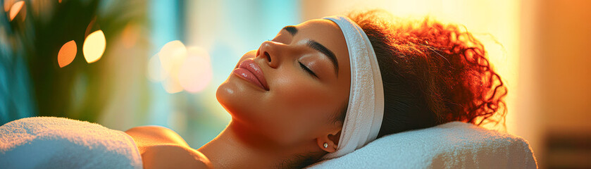 Wall Mural - A woman is laying down on a bed with a white towel on her head