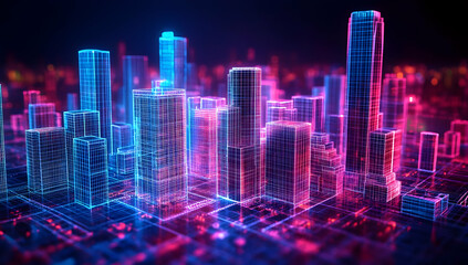 Futuristic city skyline with glowing neon lights and wireframe buildings, representing digital architecture and innovation.