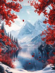 Poster - Lake surrounded by snow-covered mountains