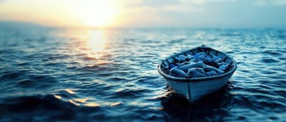 Humanitarian crisis, Overloaded boat with refugees at sea during sunset