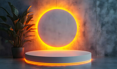 Poster - Modern display setup with glowing circular light and plant, perfect for product showcases and creative photo shoots.