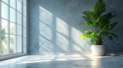 Wall Mural - Sunlight streams through a window, illuminating a plant in a corner of a minimalist room.