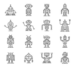 Poster - Robot line and outline icons. Cute bot toys characters of future AI technology and science. Vector robot monsters, retro droid and cyborg personages. Artificial intelligence machines with happy faces