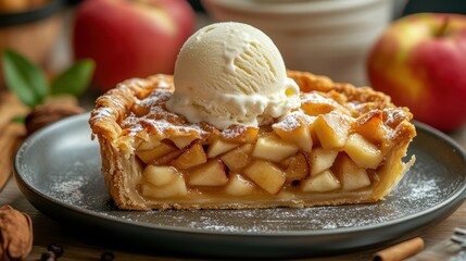 Wall Mural - winter comfort food banner with warm apple pie and vanilla ice cream for a cozy sweet treat