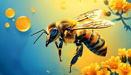 Wall Mural - Vibrant Honeybee Against Striking Blue and Yellow Gradient, Celebrating Natures Insect Life for Educational Designs and Promotional Content