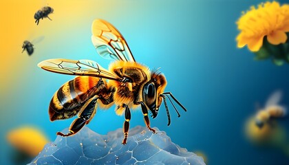 Wall Mural - Vibrant Honeybee Against Striking Blue and Yellow Gradient, Celebrating Natures Insect Life for Educational Designs and Promotional Content