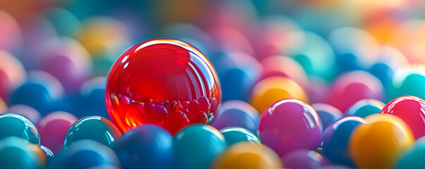 Poster - A vibrant arrangement of colorful balls with a striking red sphere in focus, creating a playful and eye-catching scene.