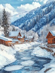 Wall Mural - River flowing through snowy forest