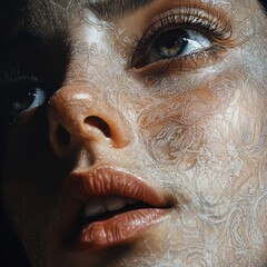 Wall Mural - A close-up of a woman's face with intricate patterns overlaying her skin.