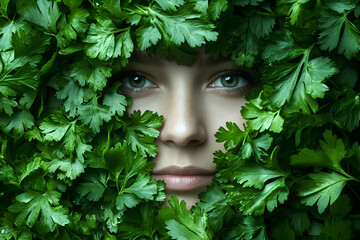 A captivating blend of beauty and nature, features a face partially obscured by fresh green cilantro leaves.