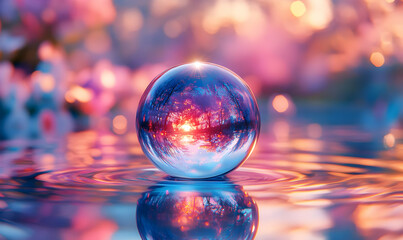 Poster - A mesmerizing crystal ball reflects vibrant colors in tranquil water, creating a magical and serene atmosphere amidst floral beauty.