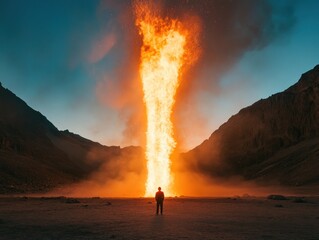 Wall Mural - A lone figure stands before a colossal fire